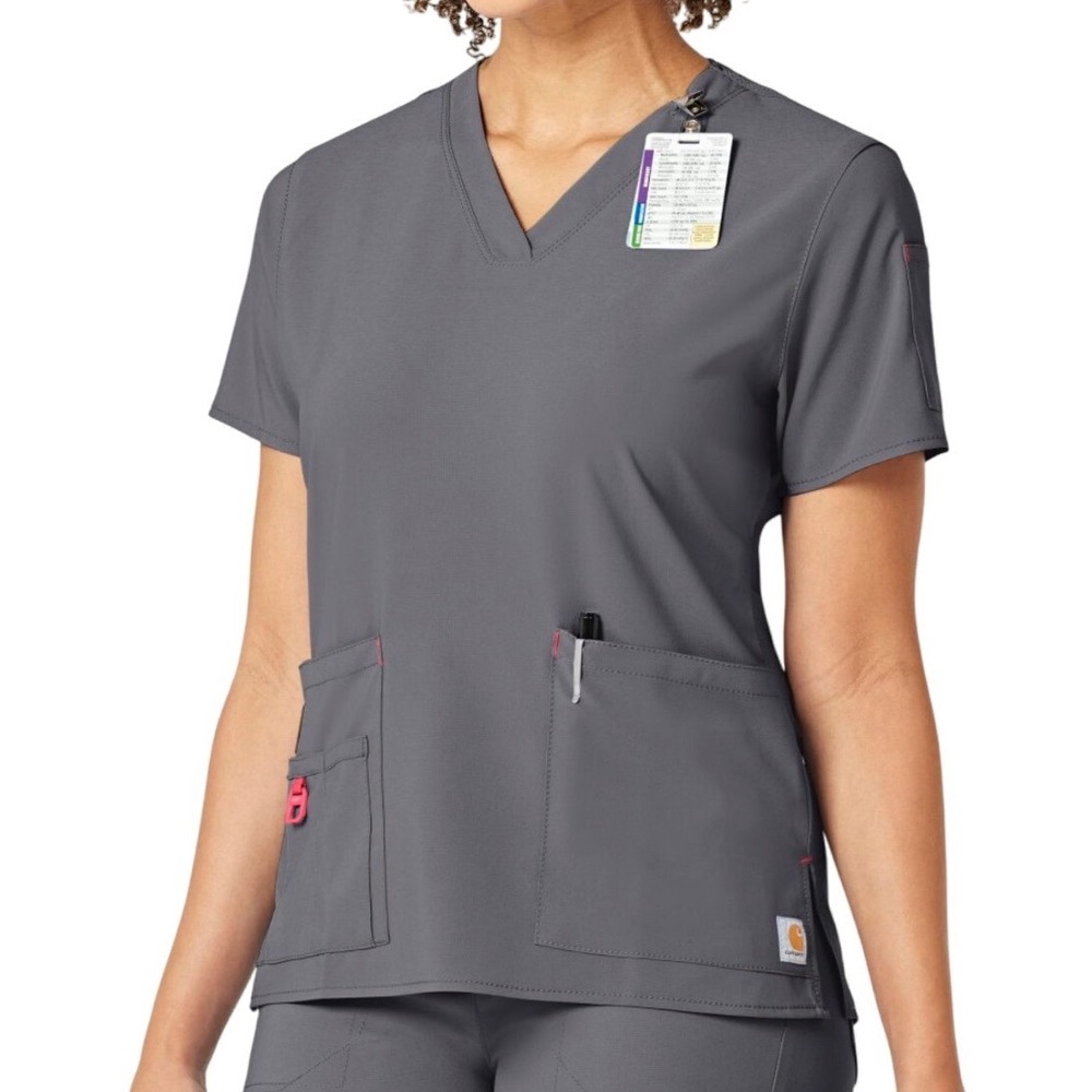 Carhartt Force‎ Women's Gray Modern Fit Scrub Top V Neck Short Sleeve Size 2XL